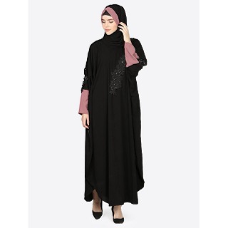 Party wear kaftan with patch work- Black and puce pink